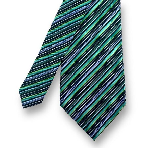 BCBG Attitude Men's Horizontal Stripe 100% Silk Necktie Vibrant Blue Green Bold - Picture 1 of 4